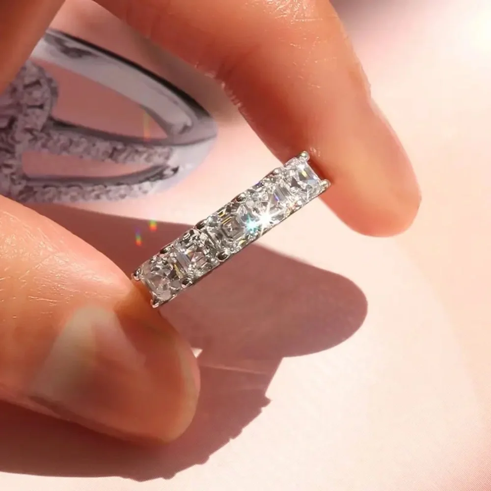 VVS1 Asscher Cut Lab Dia Prong Half Eternity 925 Silver Wedding Band Ring
